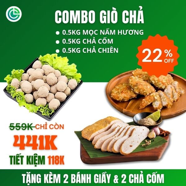 Combo Giò Chả Ngon Cửu Long với 0.5KG mọc nấm hương, 0.5KG chả cốm, 0.5KG chả chiên, quà tặng kèm , đạt chuẩn ISO 22000 và ưu đãi tại TPHCM.