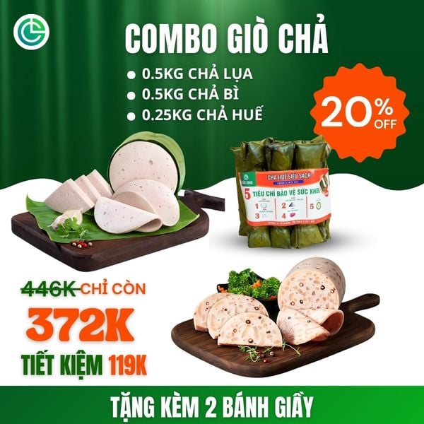 Thành phần chi tiết của Combo Giò Chả Ngon Cửu Long đạt chuẩn ISO 22000 với chả lụa, chả bì, chả huế (0.25KG).