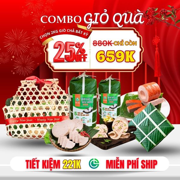Combo Giỏ Quà Giò Chả Sạch 2kg + Bánh ChưngTruyền Thống – Giao Nóng Mỗi Ngày