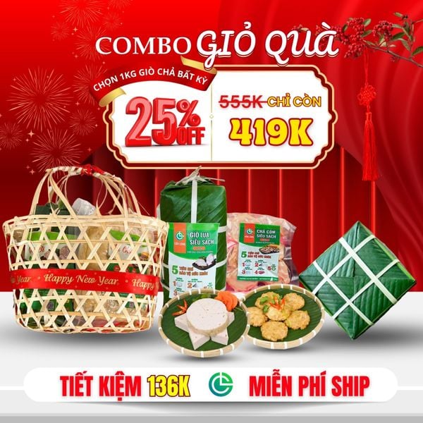 Combo Giỏ Quà Giò Chả Sạch 1kg + Bánh Chưng Truyền Thống – Giao Nóng, Tiết Kiệm 136K