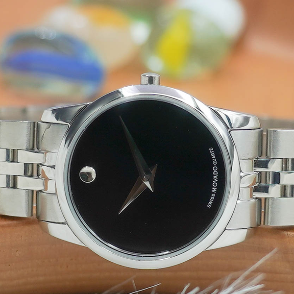 đồng hồ nữ movado 2 kim dây thép mặt đen
