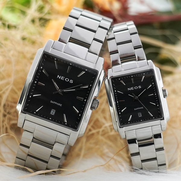 đồng hồ đôi mặt vuông dây thép neos n-30915 sapphire