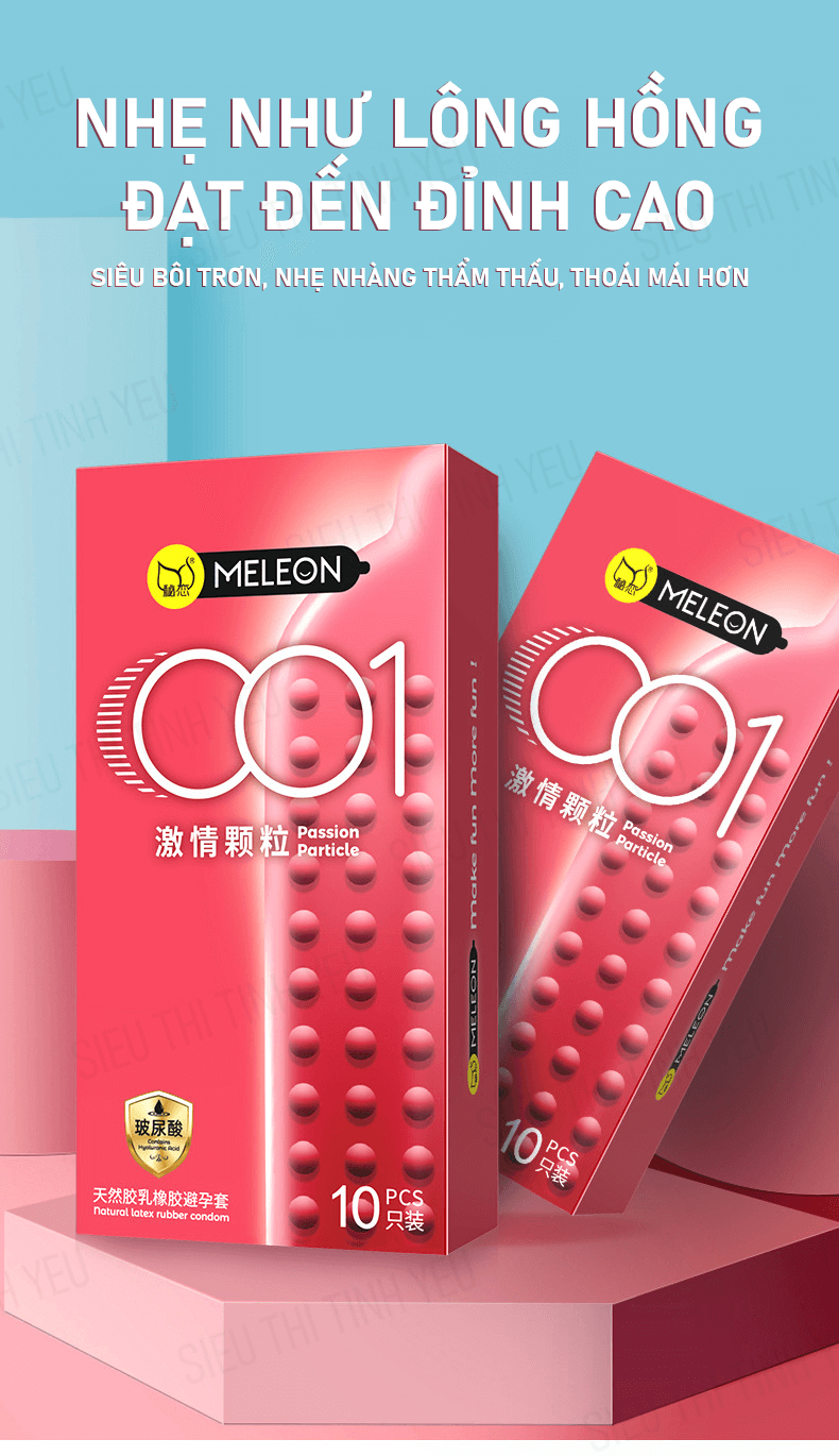 Bao cao su Meleon 001 Passion Particle siêu mỏng thân gai hạt nổi nhỏ Hộp 10 cái