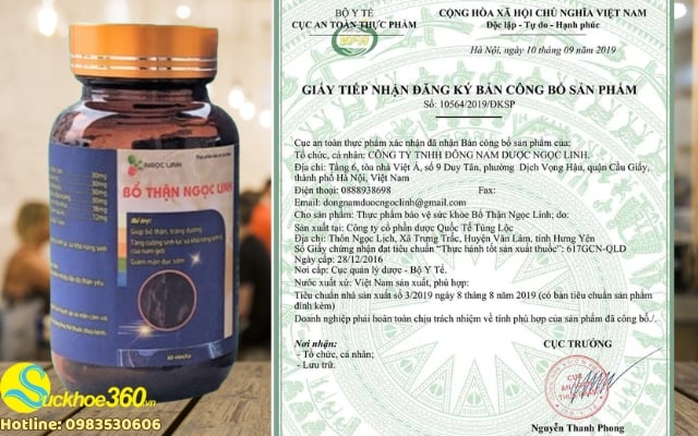 Bổ thận Ngọc Linh có giấy phép chứng nhận của Bộ Y Tế