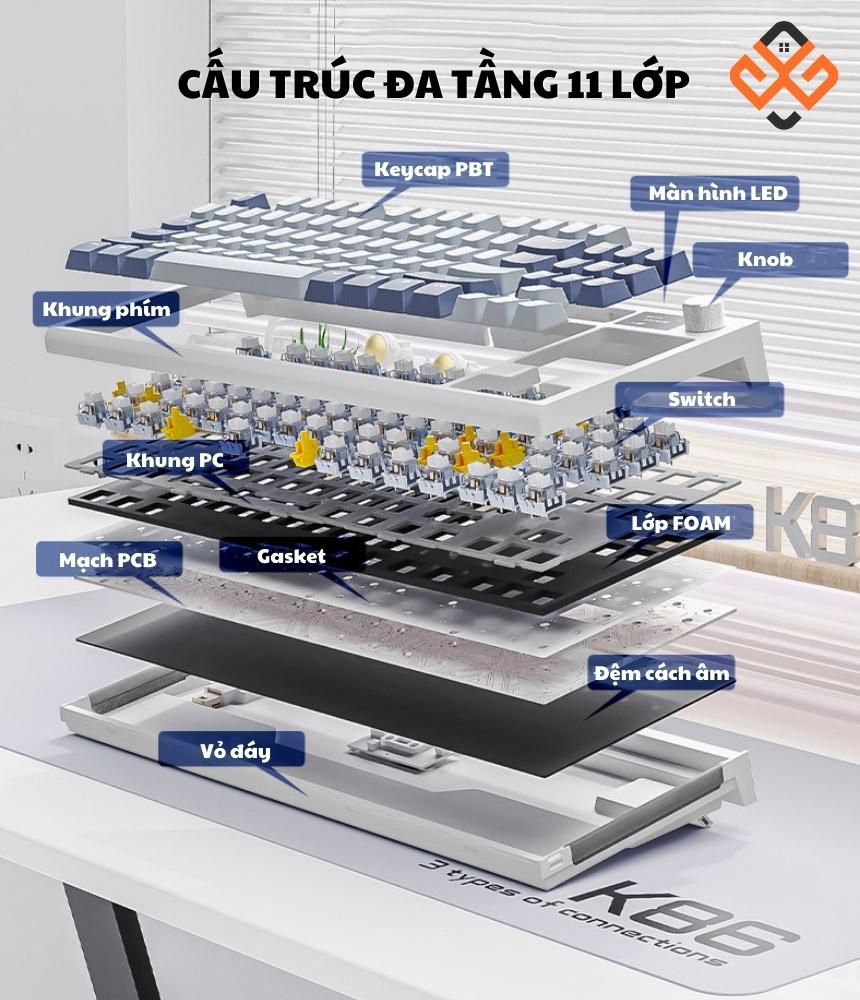 Bàn phím cơ không dây Attack Shark K86RGB chất âm tốt, đầm, nhờ nhiều lớp đệm tiêu âm