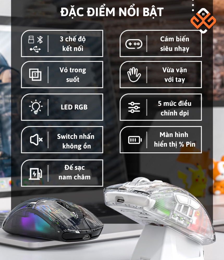 Chuột gaming Attack Shark trong suốt độc đáo có nhiều đặc điểm nổi bật