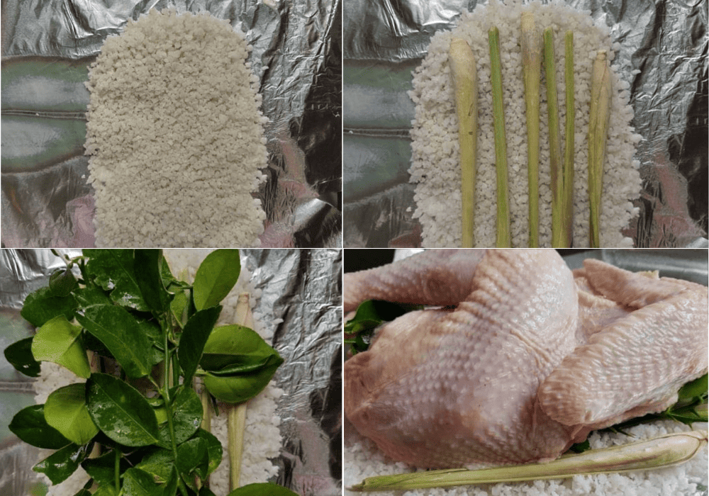 Gói gà và các gia vị trong giấy bạc