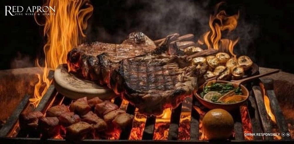 Bàn ăn kiểu Âu với thịt nướng BBQ, pasta cà chua và phô mai cứng, kèm ly rượu Negroamaro.