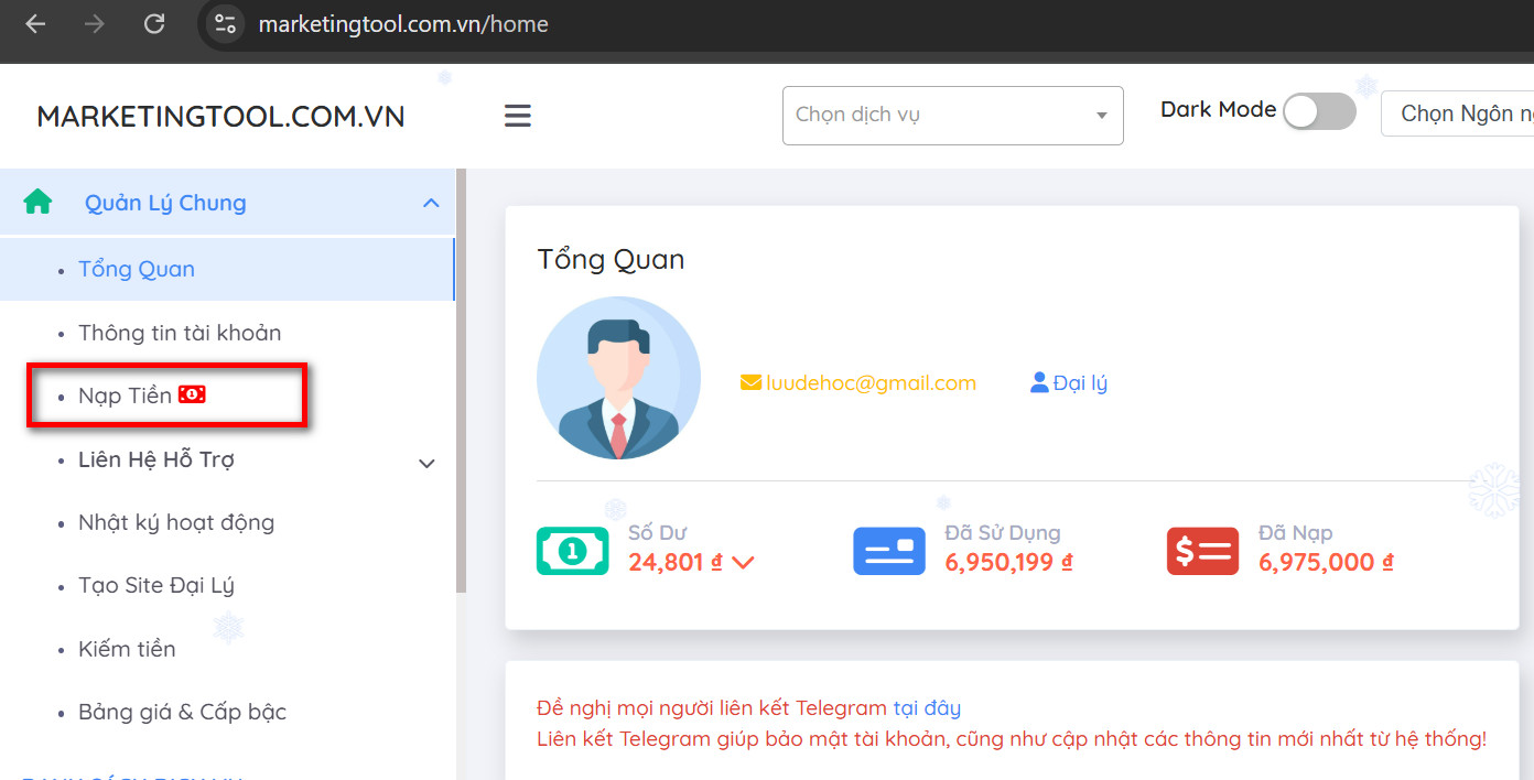 Nạp tiền trên Web Marketing tool