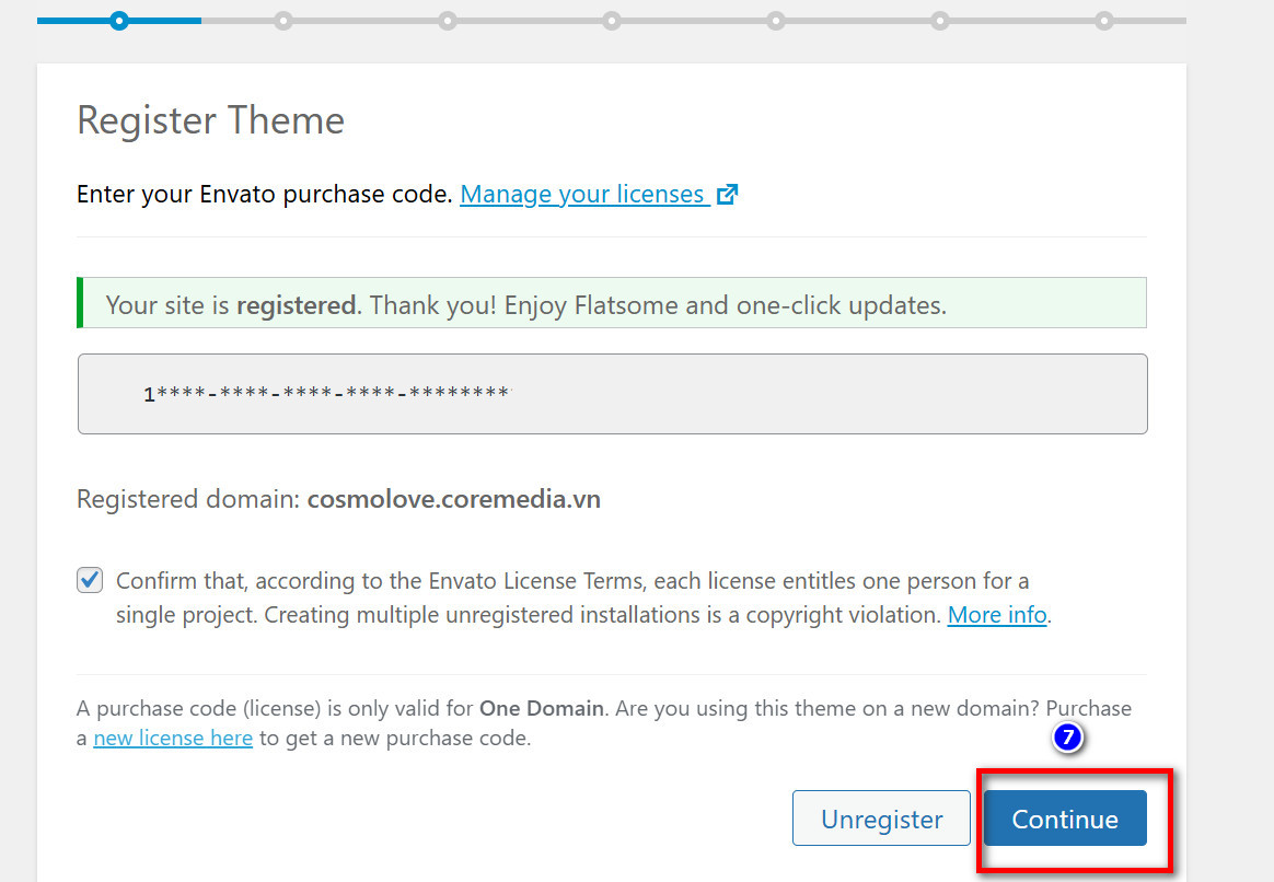 Bấm Continue để tiếp tục cài đặt theme Flatsome