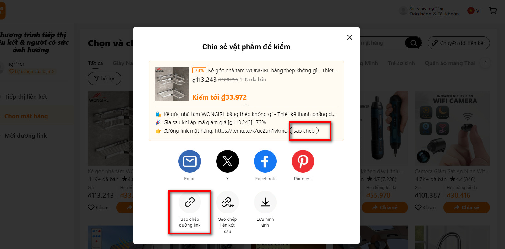 Chia sẻ sản phẩm để kiếm tiền Affiliate Temu