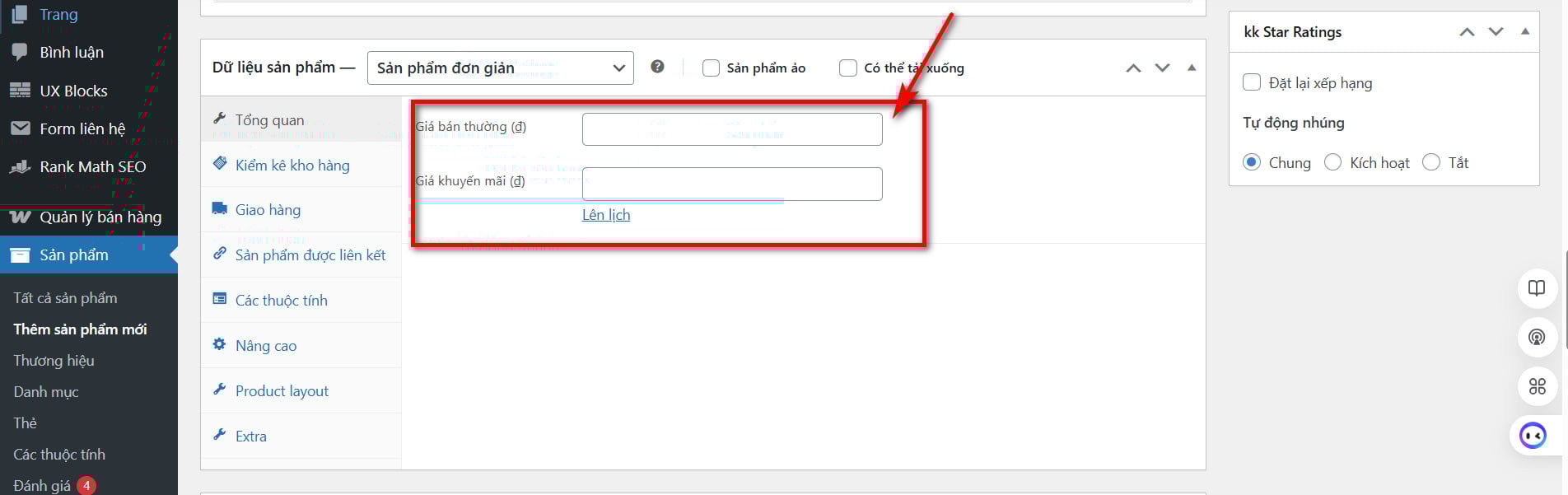 Đặt giá sản phẩm trong Wordpress