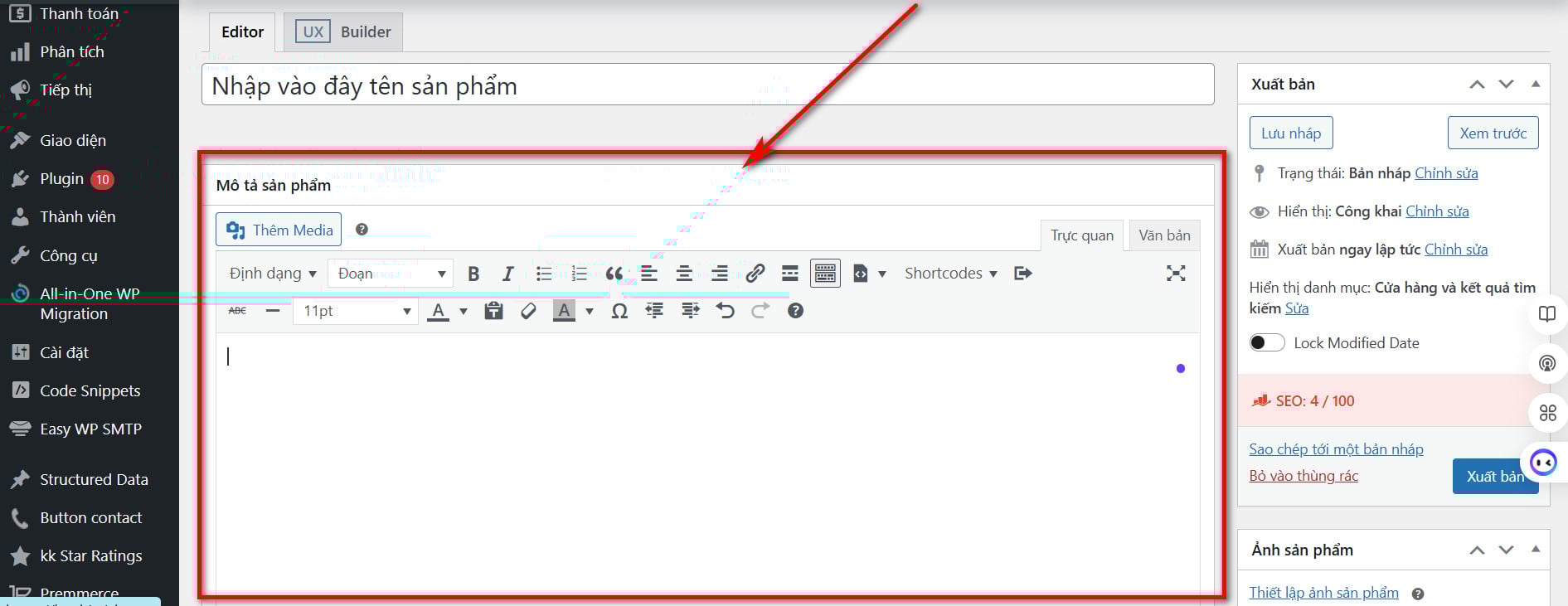 Nhập mô tả sản phẩm trong Wordpress