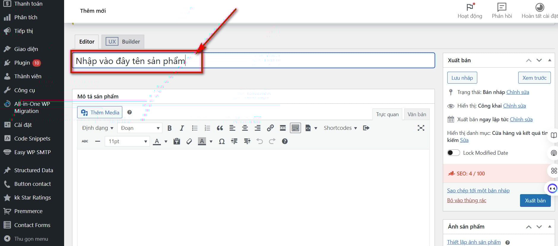 Nhập tên sản phẩm trong Wordpress