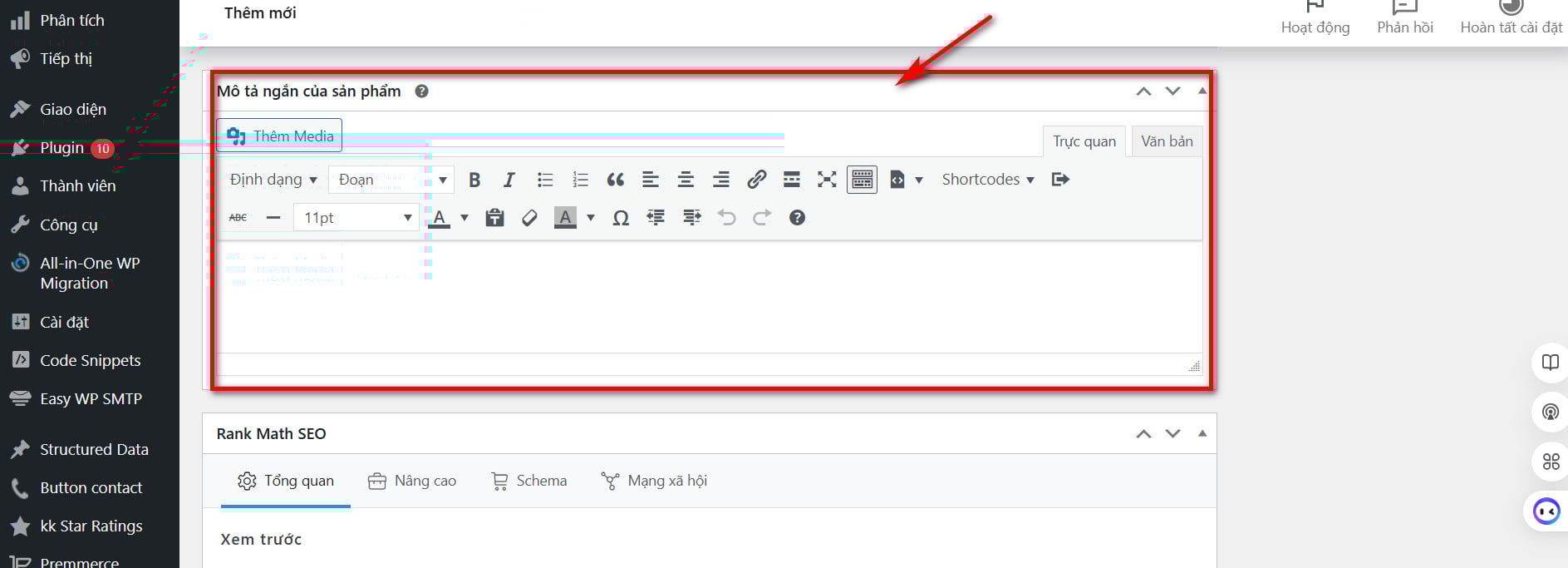 Nhập mô tả ngắn sản phẩm trong Wordpress