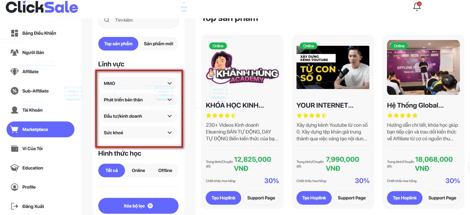 Sản phẩm làm tiếp thị trên Clicksale