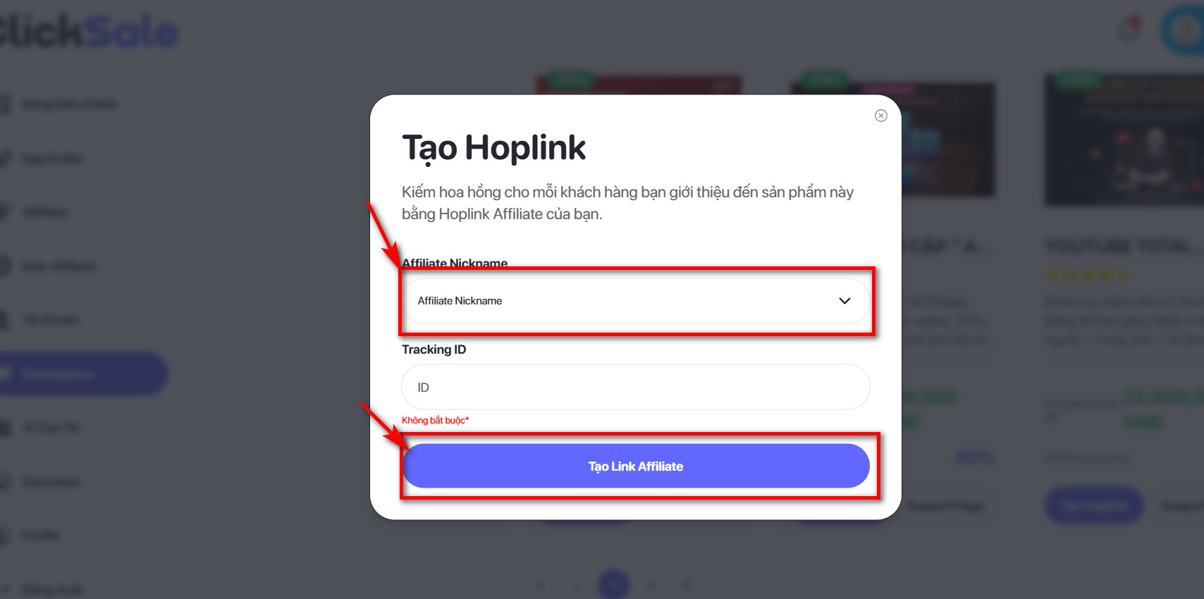 Tạo Hoplink trên Click sale để làm Affiliate