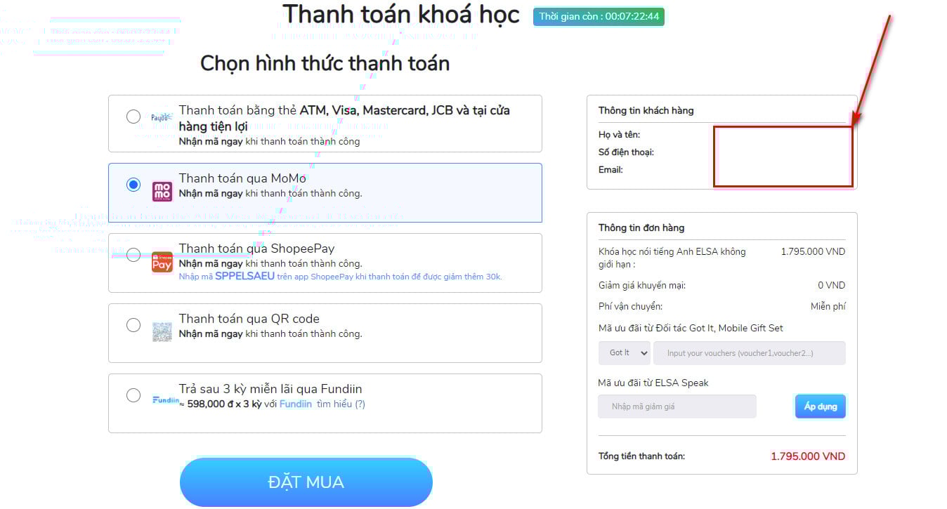 Thanh toán khóa học Elsa Speak