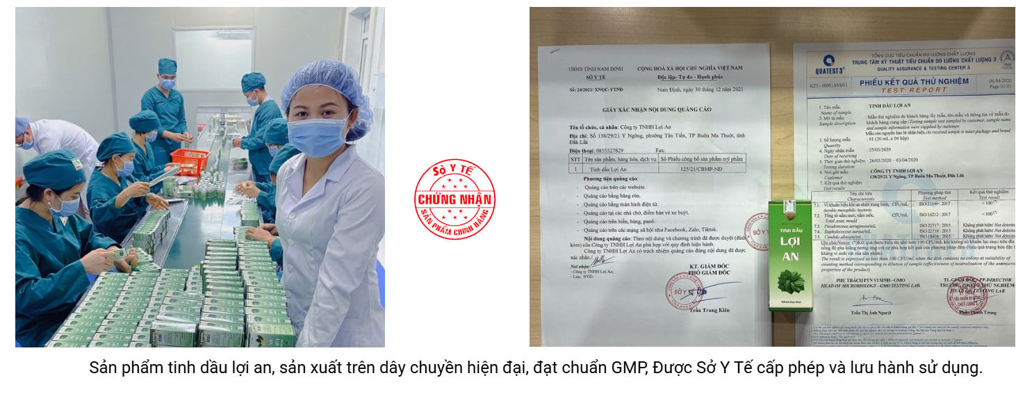 Sản phẩm tinh dầu lợi an, sản xuất trên dây chuyền hiện đại, đạt chuẩn GMP, Được Sở Y Tế cấp phép và lưu hành sử dụng.