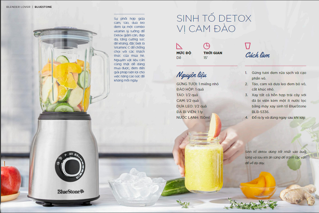 Sinh tố detox vị cam đào từ máy xay sinh tố BlueStone