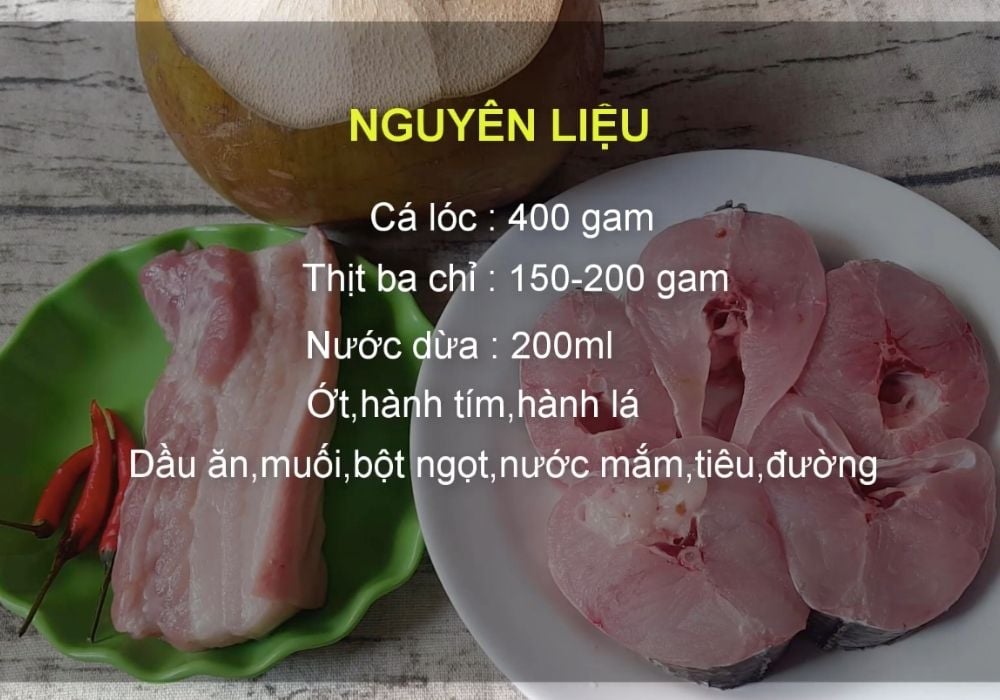 Nguyên liệu làm cá lóc kho thịt ba rọi nước dừa