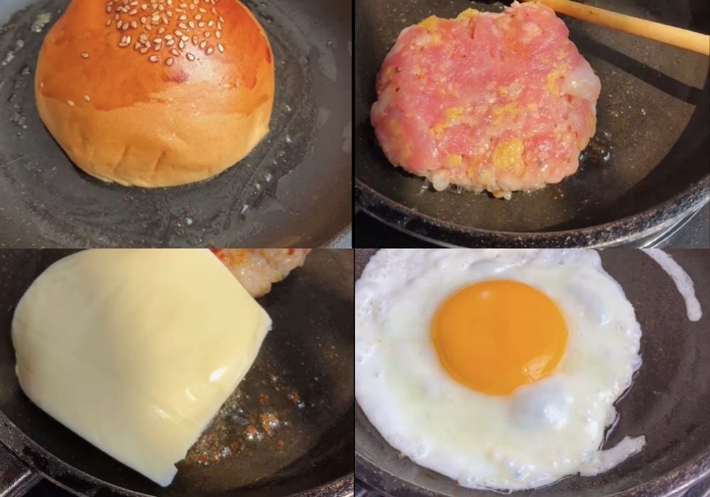 Chiên thịt và áp chảo bánh mì