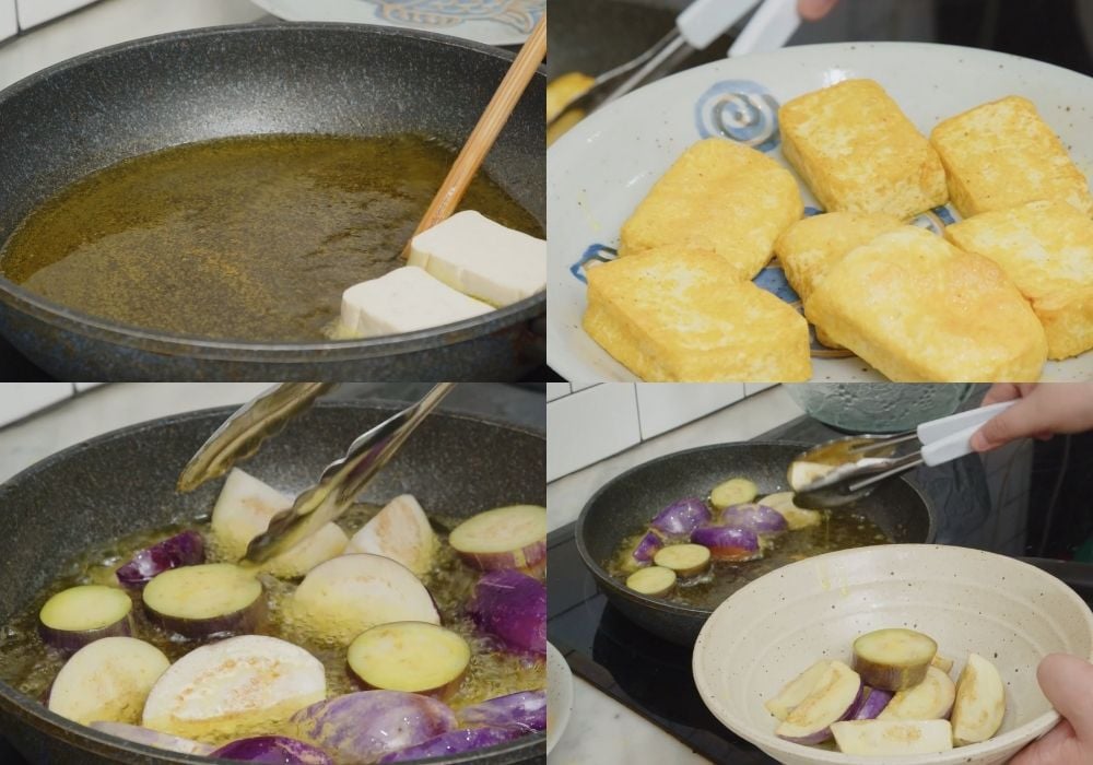 Chiên sơ đậu phụ và cà tím