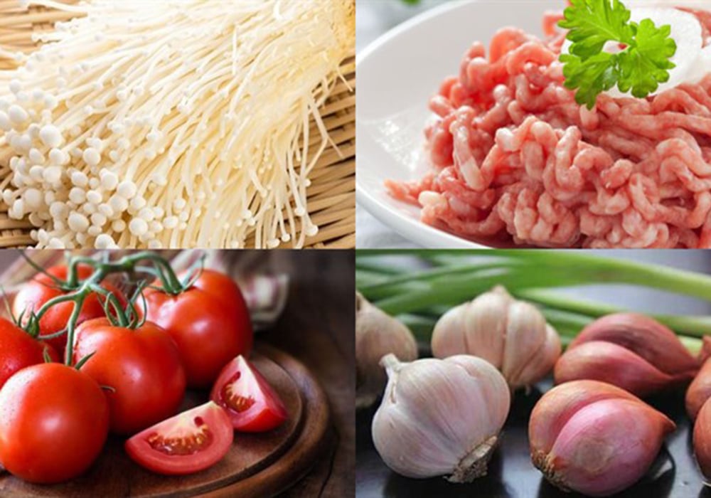 Nguyên liệu làm nấm kim châm xào thịt băm cà chua