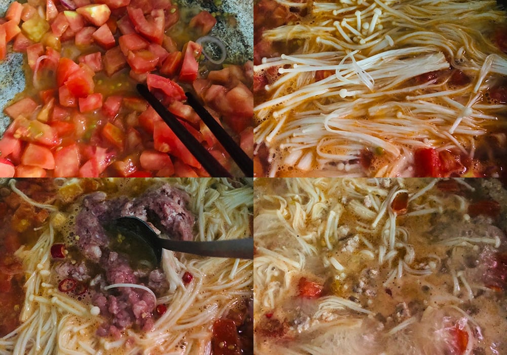 Các bước làm nấm kim châm xào thịt băm cà chua