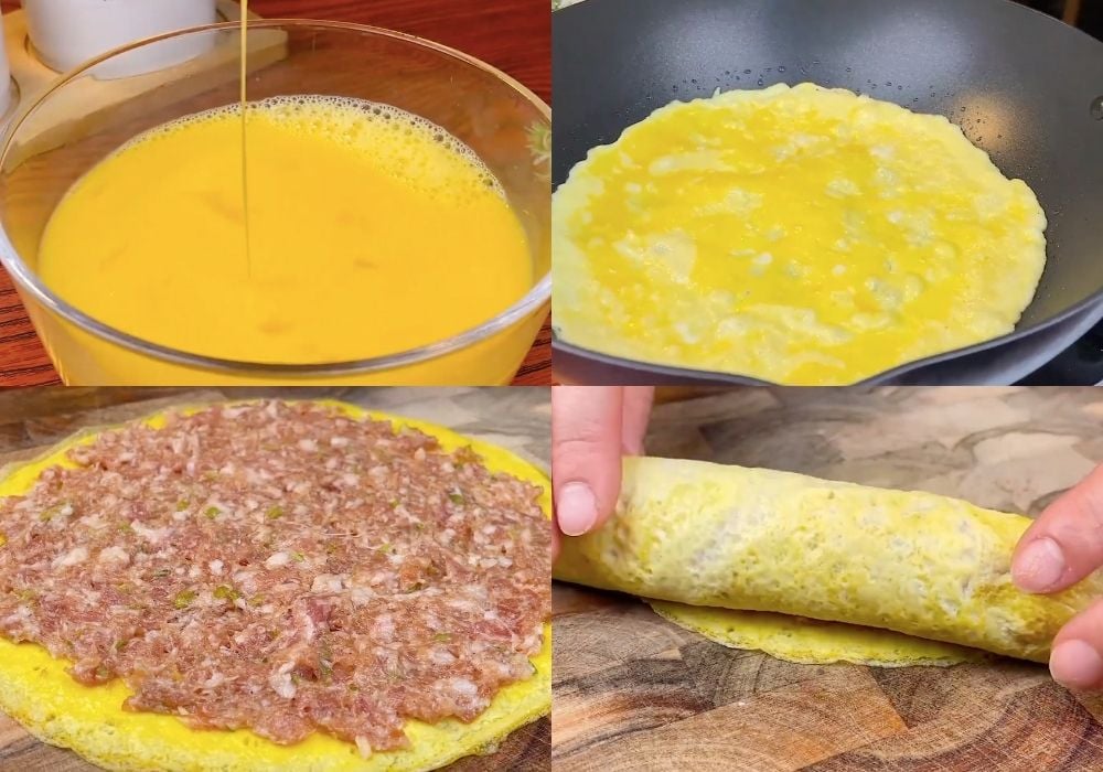 Chiên trứng và cuộn thịt