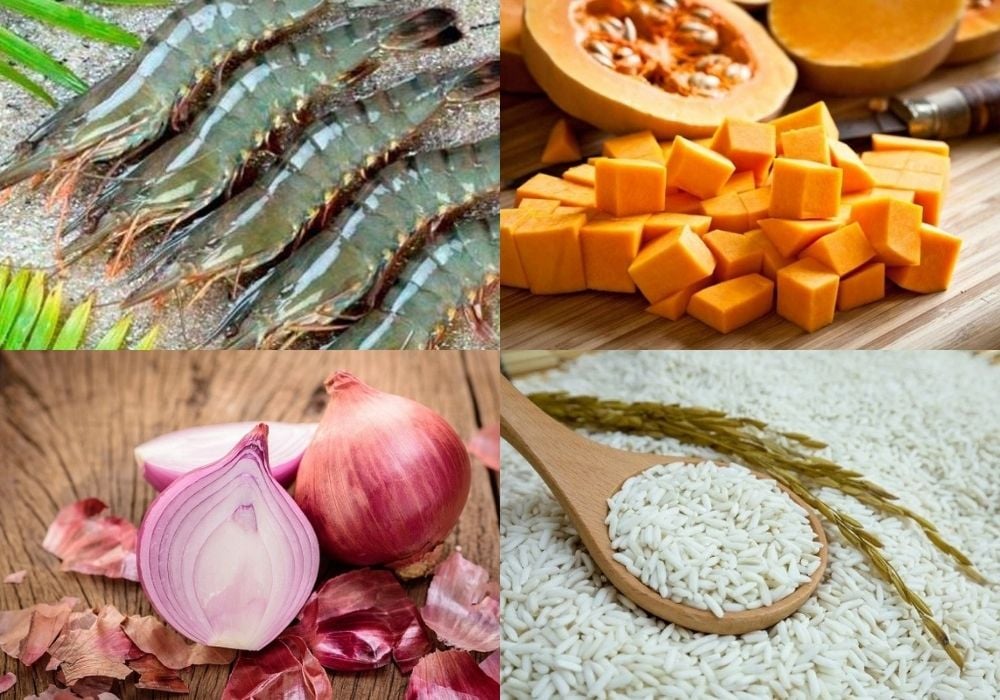 Nguyên liệu nấu cháo bí đỏ tôm
