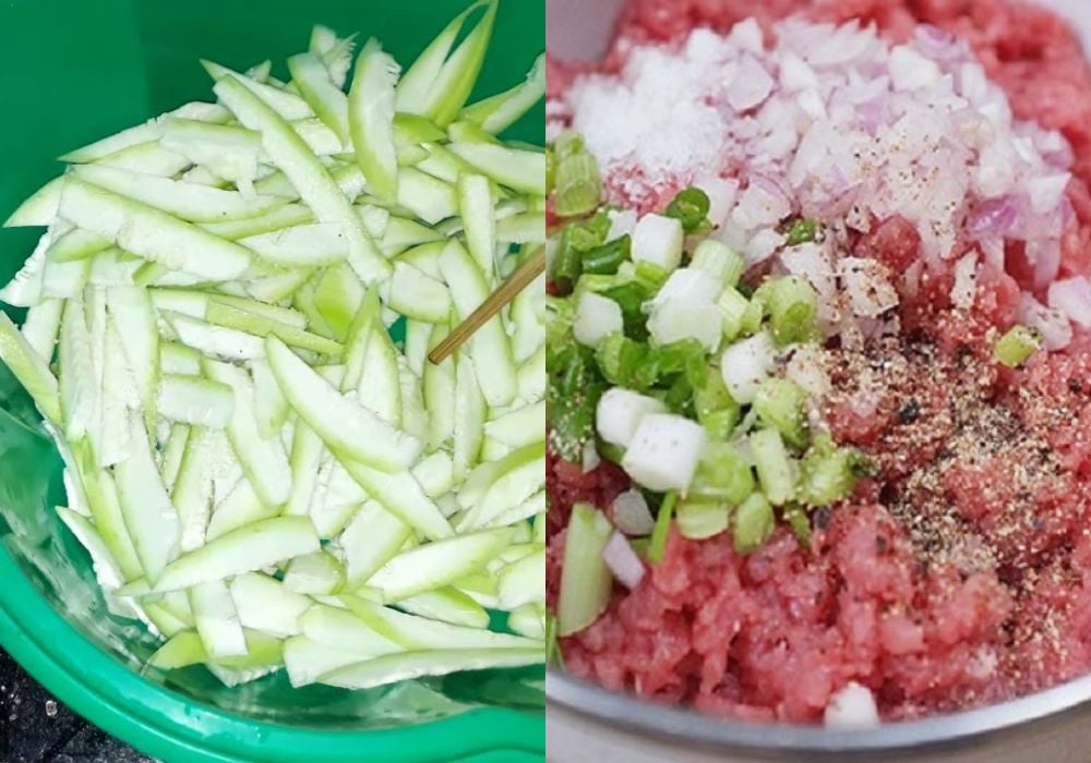 Sơ chế bầu và ướp thịt