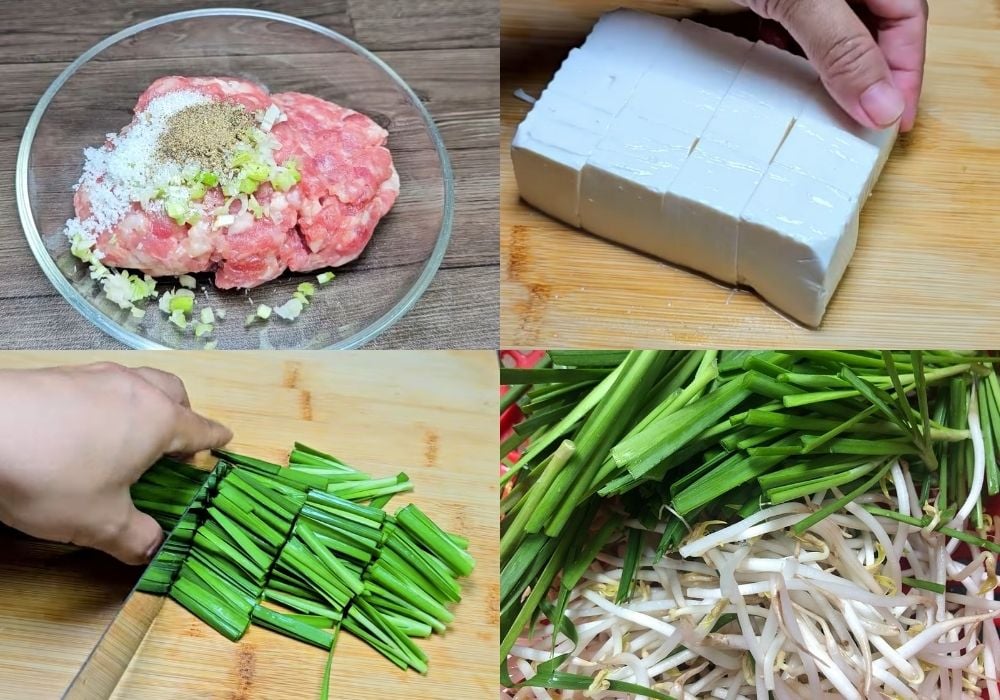 Nguyên liệu làm canh đậu hũ non giá hẹ thịt băm