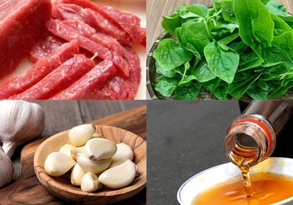 Nguyên liệu làm canh mồng tơi với thịt bò