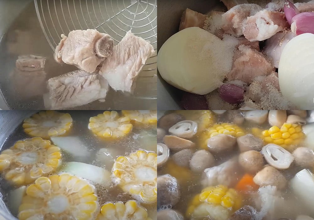Các bước làm canh sườn nấu nấm rau củ