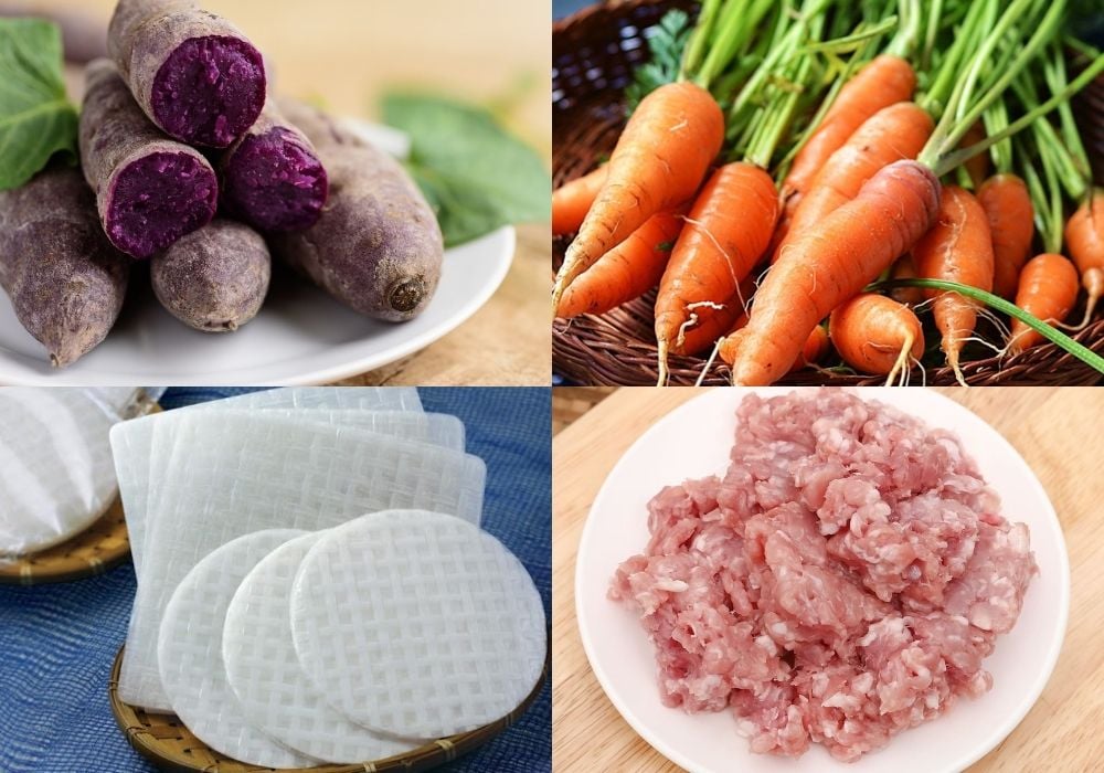 Nguyên liệu làm chả giò thịt heo khoai lang tím