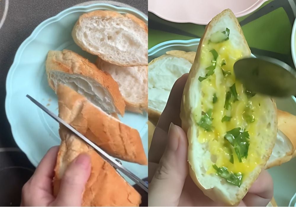 Cắt bánh mì và phết bơ tỏi