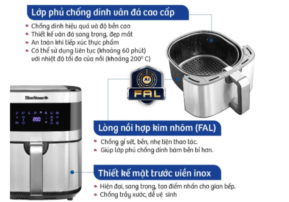 Nôi chiên không dầu BlueStone AFB-5885 có nhiều ưu điểm vượt trội, thích hợp để làm món nem chua