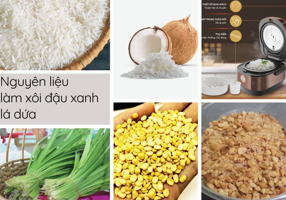 Nguyên liệu làm xôi đậu xanh lá dứa bằng nồi cơm điện