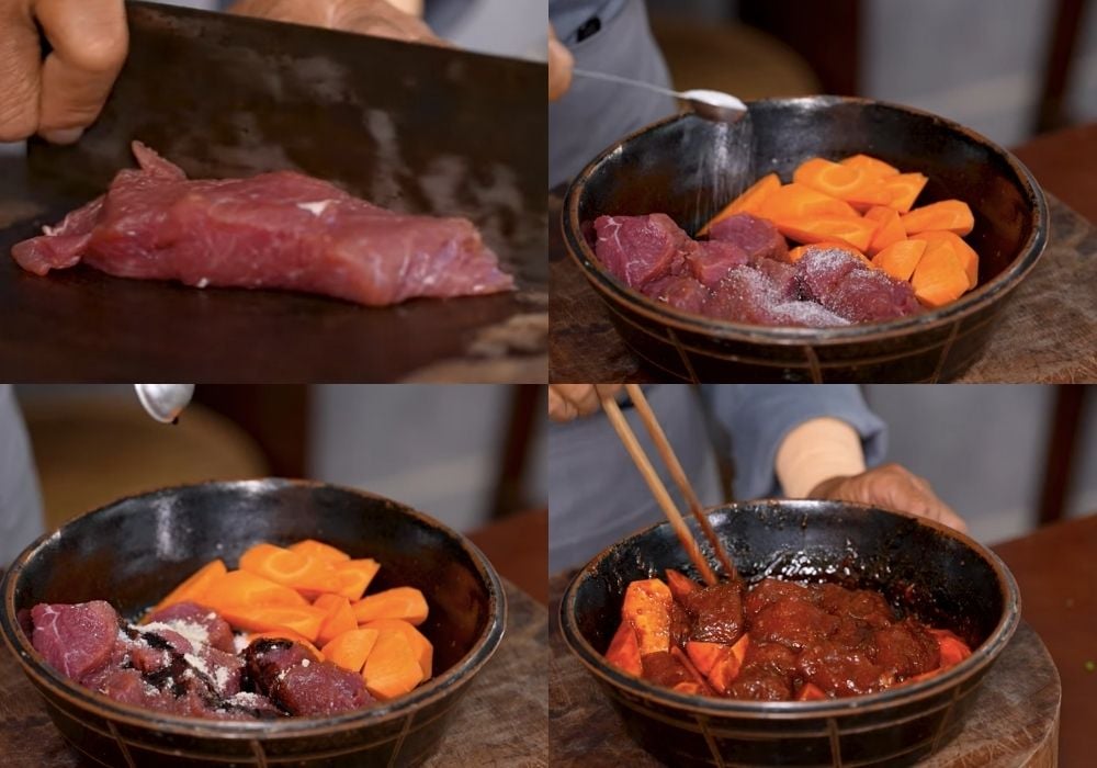 Ướp thịt bò và cà rốt