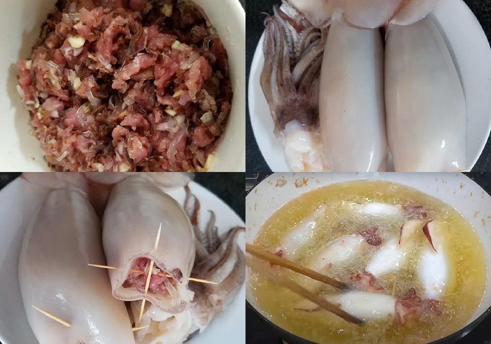 Các bước làm mực nhồi thịt chiên