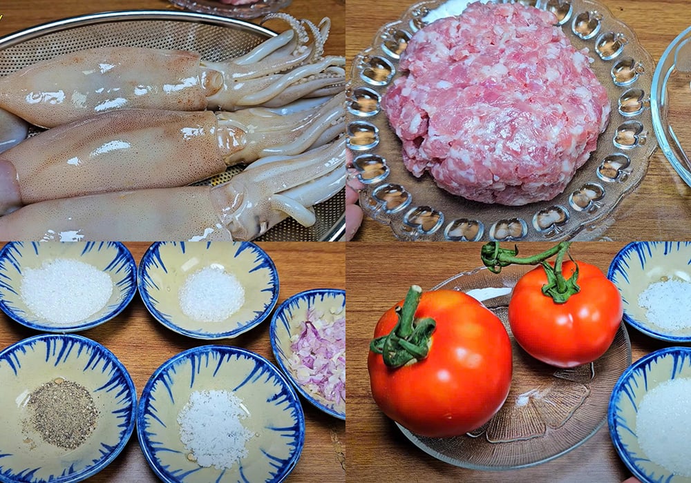 Nguyên liệu làm mực nhồi thịt chiên sốt cà chua