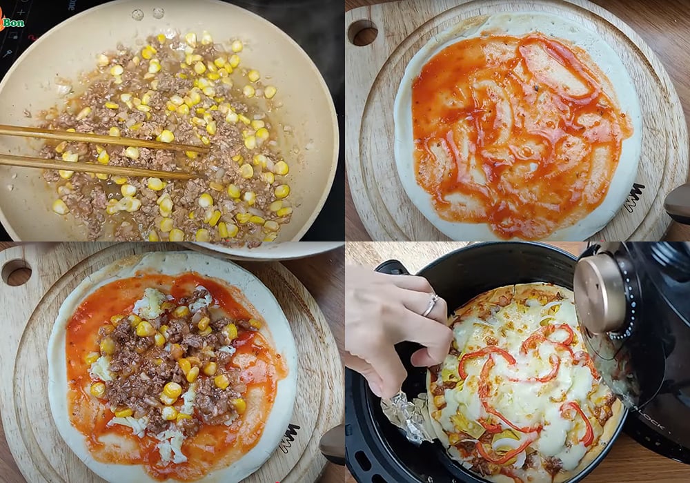 Các bước làm pizza bò bằng nồi chiên không dầu