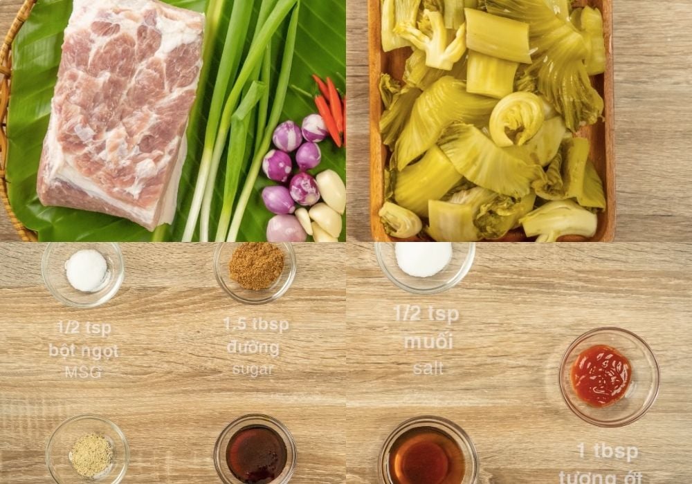 Nguyên liệu làm thịt ba chỉ kho dưa chua