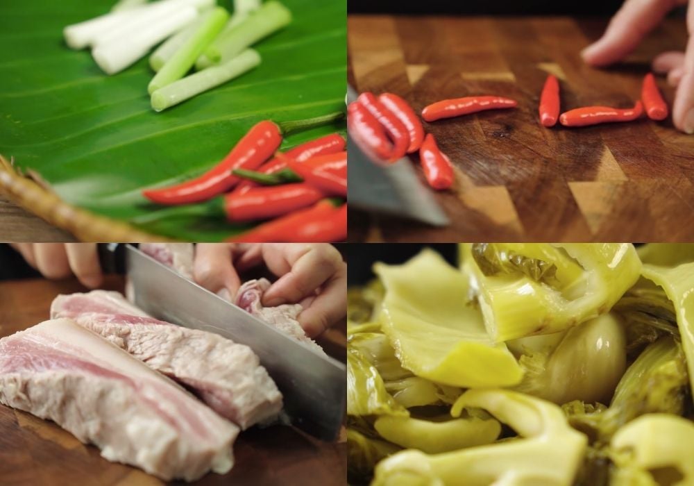 Sơ chế  thịt ba chỉ và dưa cải chua