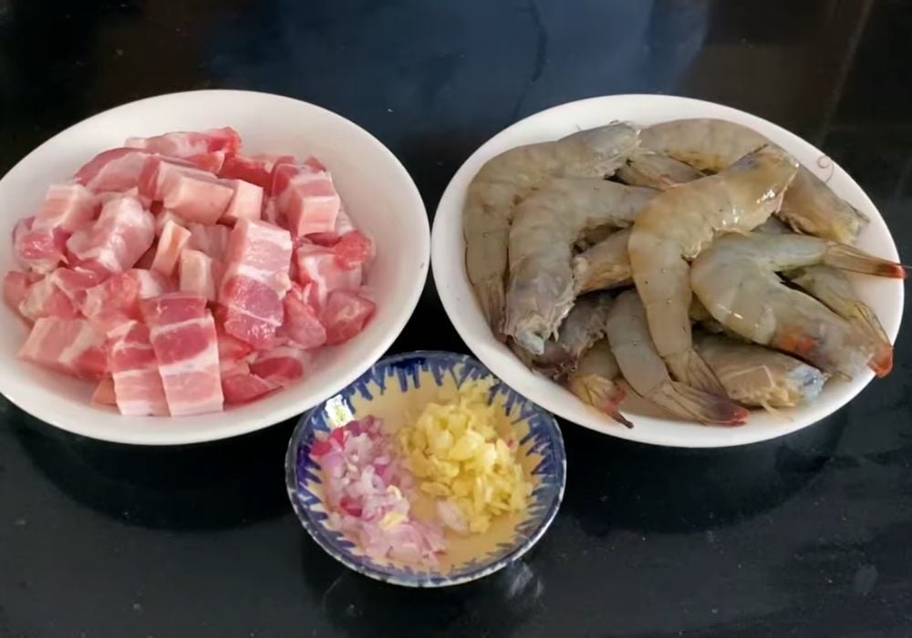Nguyên liệu làm thịt ba chỉ rim tôm sả ớt