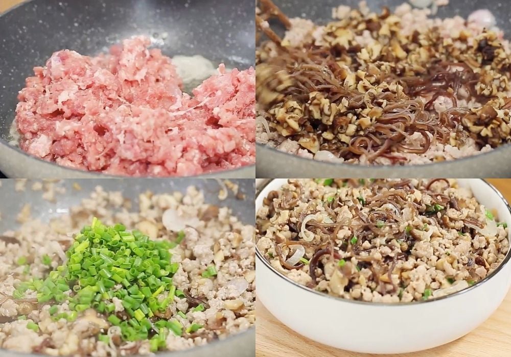 Xào thịt băm với nấm mèo, nấm hương