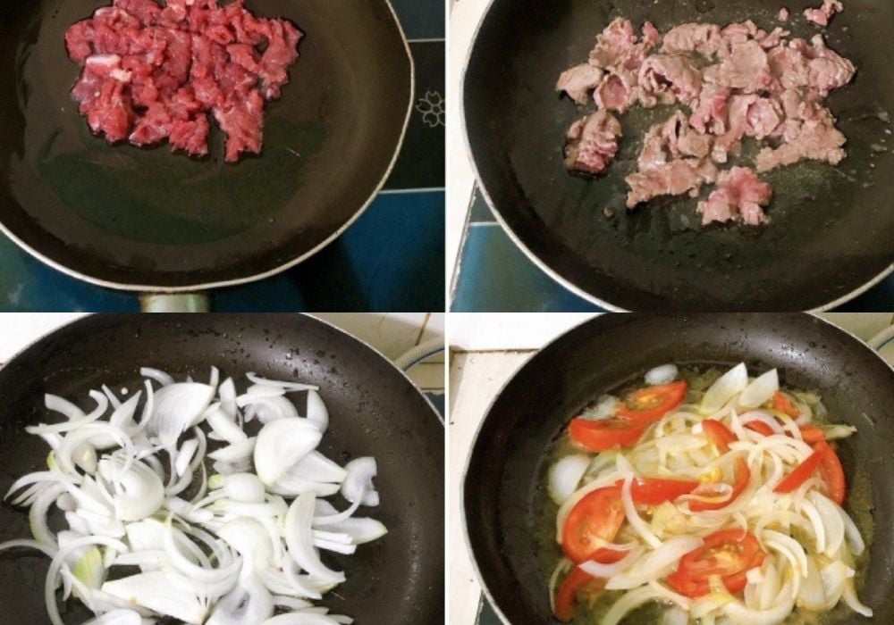 Xào thịt bò với hành tây cà chua