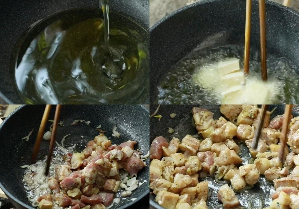 Chiên đậu phụ và xào thịt