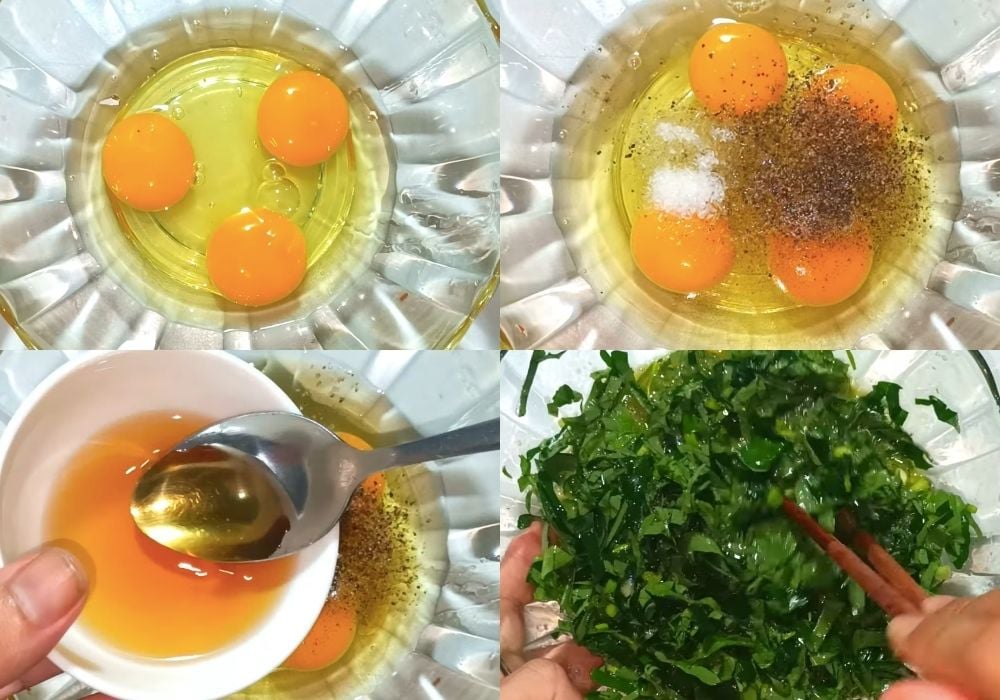 Trộn hỗn hợp trứng, lá lốt